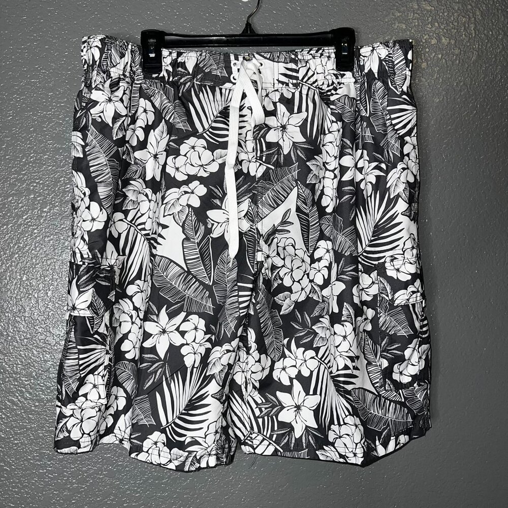Kanu Surf Men’s Swim Trunks 2X Black White Floral Hawaiian Board Shorts Pockets